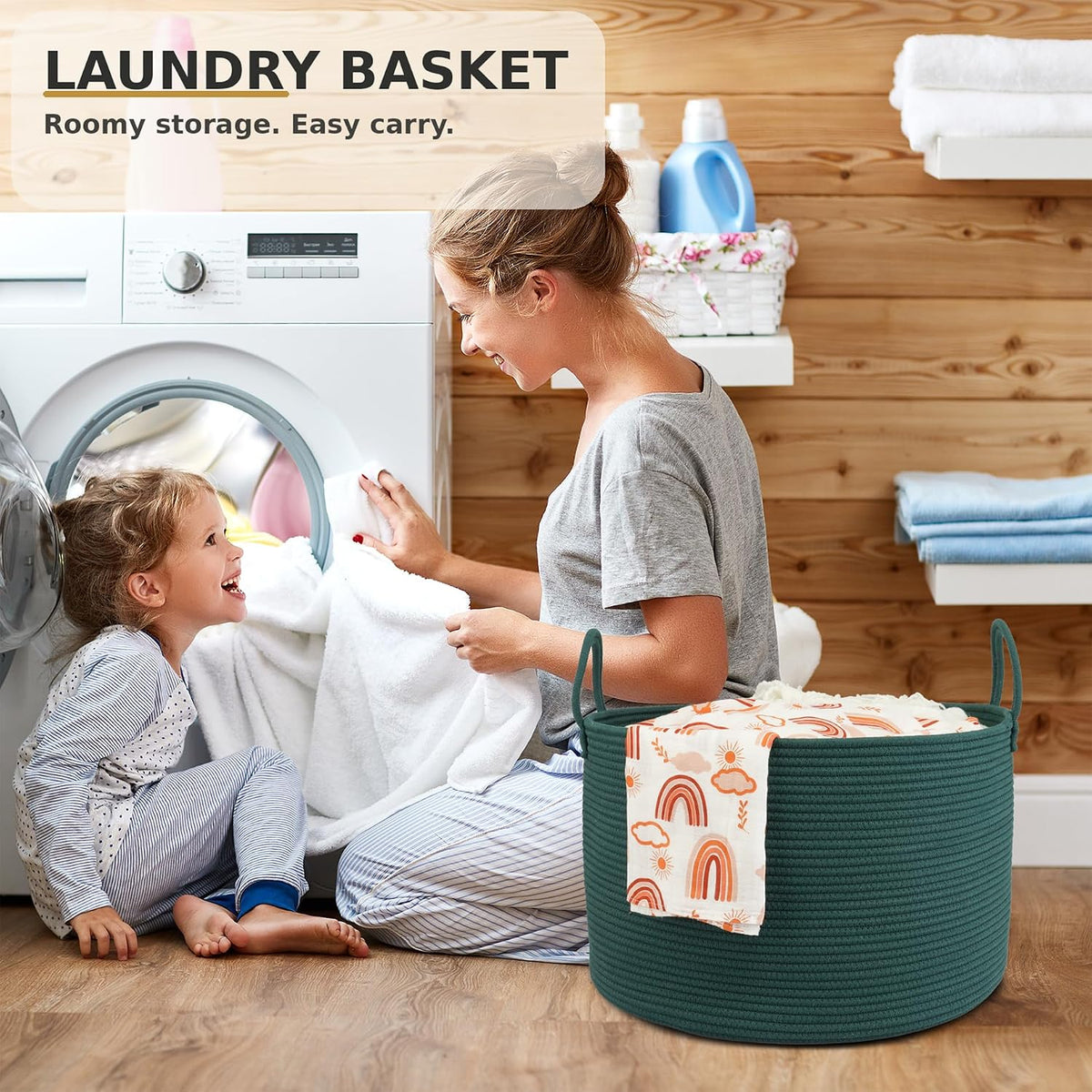 XUANGUO 66L Large Blanket Basket, Round Cotton Rope Basket, Dark Green