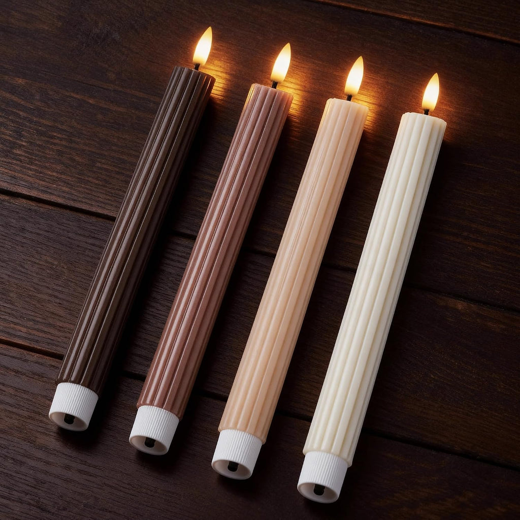 Coordinated Chocolatey Mocha Brown 4 Pack, 10" Real Wax LED Flameless Fluted Ribbed Grooved Taper Candles, Remote & Timer Memory, On/Off Button, Dimmable, Battery Operated, Menorah Wedding