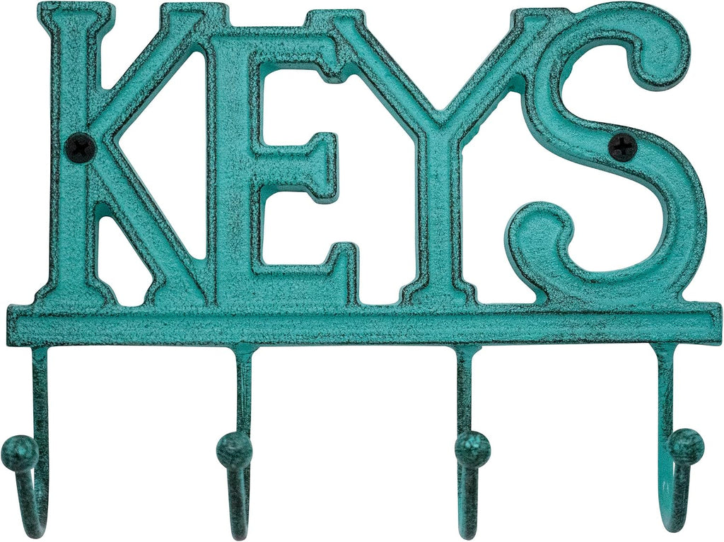 Stephanie Imports Rustic Cast Iron Keys Holder with 4 Key Hooks for Wall Mount (Weathered Teal)
