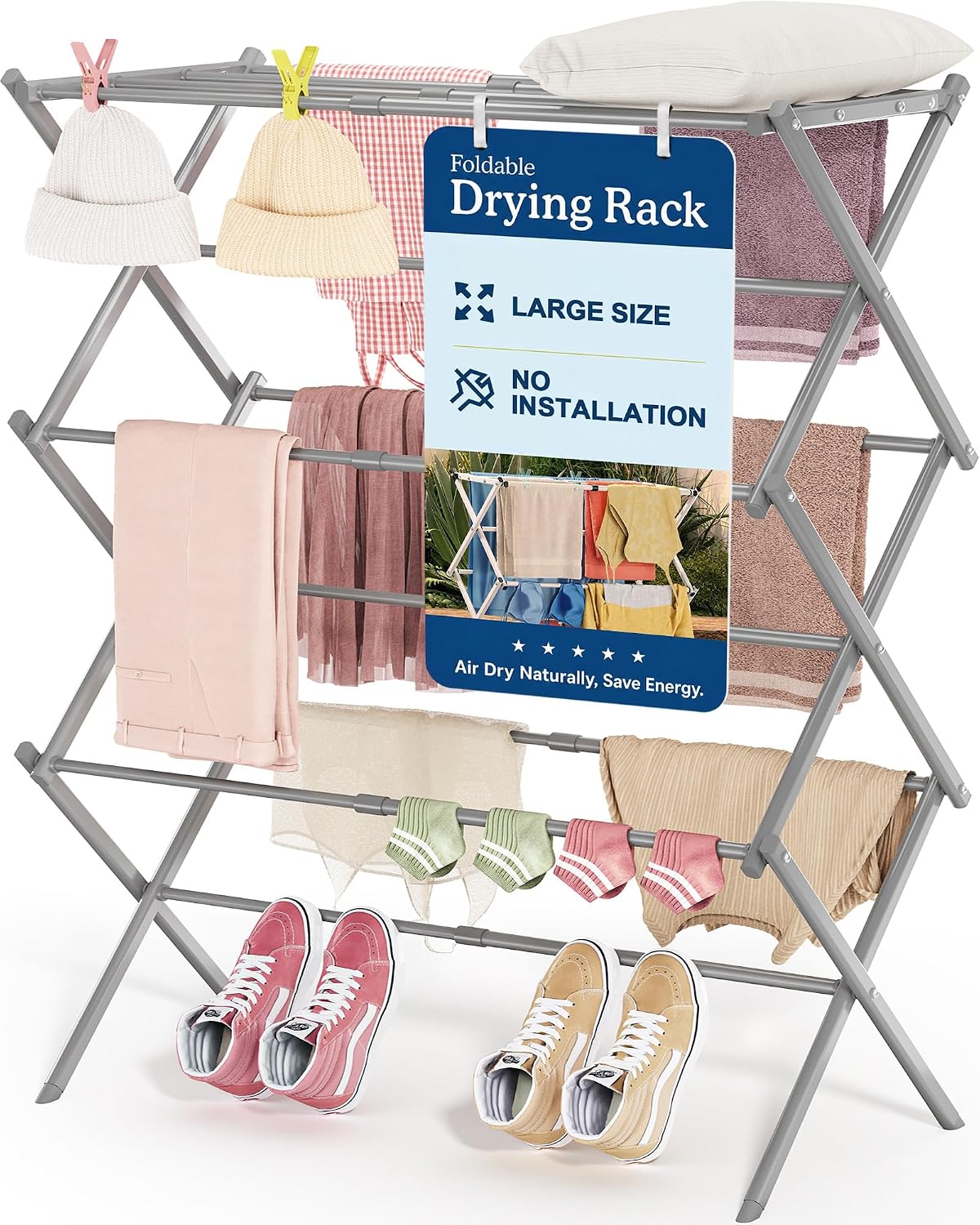 APEXCHASER Oversize 3-Tier Clothes Drying Rack, No Assembly, Grey