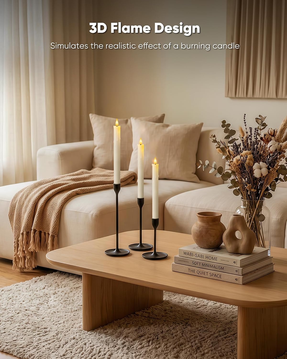9.6 Inches Waxy Flameless Taper Candles, Dripless Fake Candlesticks with Timer, White LED Candle with 3D Flickering Flame for Christmas Kitchen Fireplace Table Home Decor, 3 PCS