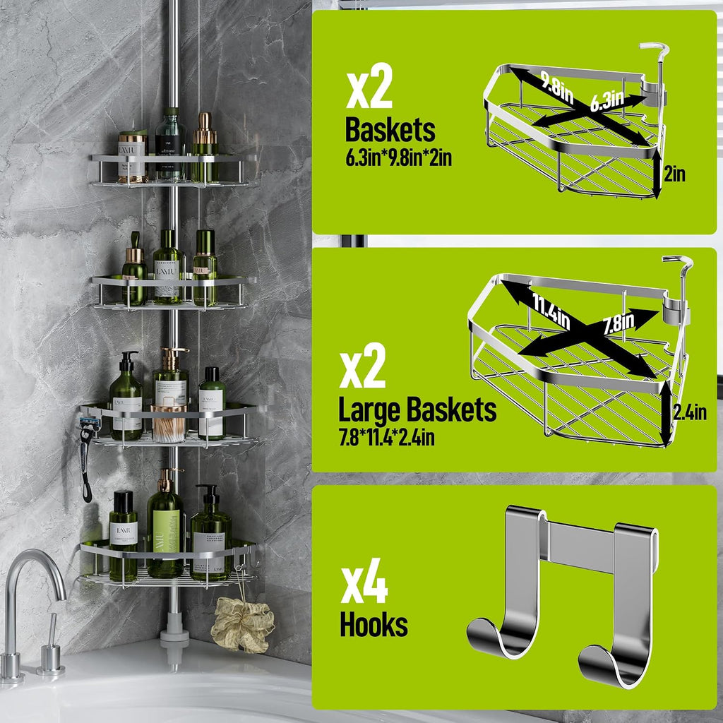 LAMU Corner Shower Caddy Tension Pole, 4-Tier Stainless Steel Organizer