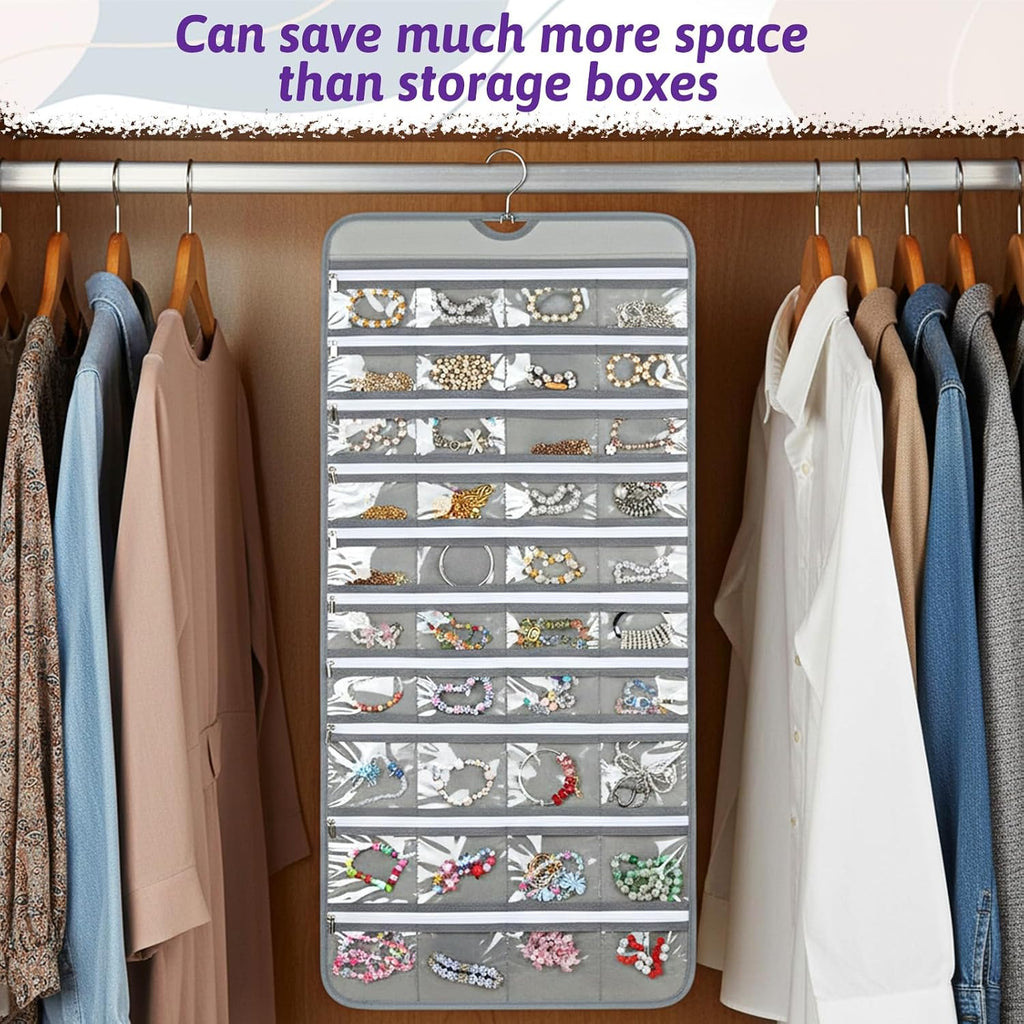 2 Pack Hanging Jewelry Organizer with 80 Zippered Pockets, Dual-Sided Dustproof Foldable for Travel, Accessories Organizer for Holding Jewelries, Earring Organizers and Storage