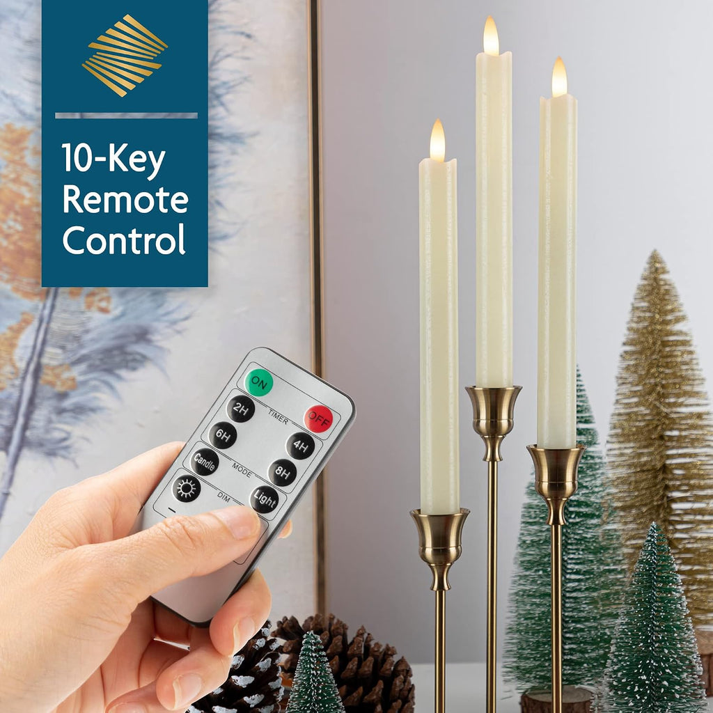 Real Wax Flameless Taper Candles with Remote Timer,Battery Operated LED Candles Set with 3D Flickering Flame,9.6" Ivory Realistic Dripless Candlesticks for Wedding Home Decor,6 Pack