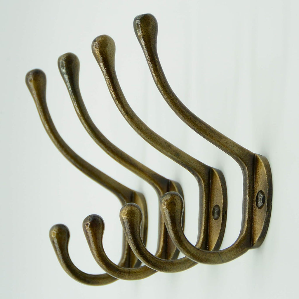CRAFTSMAN ROAD Vintage Cast Iron Wall Hooks (Antique Brass Finish, Set of 4) - Rustic, Farmhouse Coat Hooks | Coats, Bags, Towels, Hats | Classic Slender