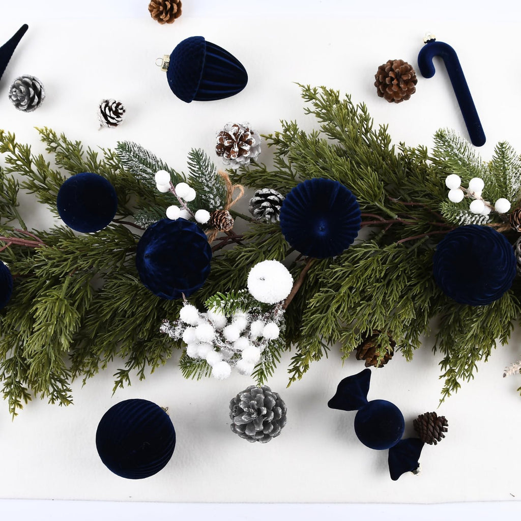 Velvet Ornaments for Christmas Tree Decorations - Navy Blue Flocked Christmas Ornament Set for Winter Holiday Decor - Shatterproof Xmas Balls Ornaments Bulk - Pack of 24