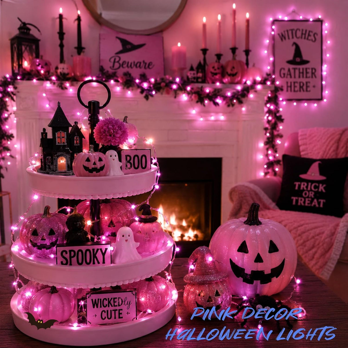 JMEXSUSS USB Pink Fairy Lights, 33ft 100 LED Pink Halloween Lights Indoor