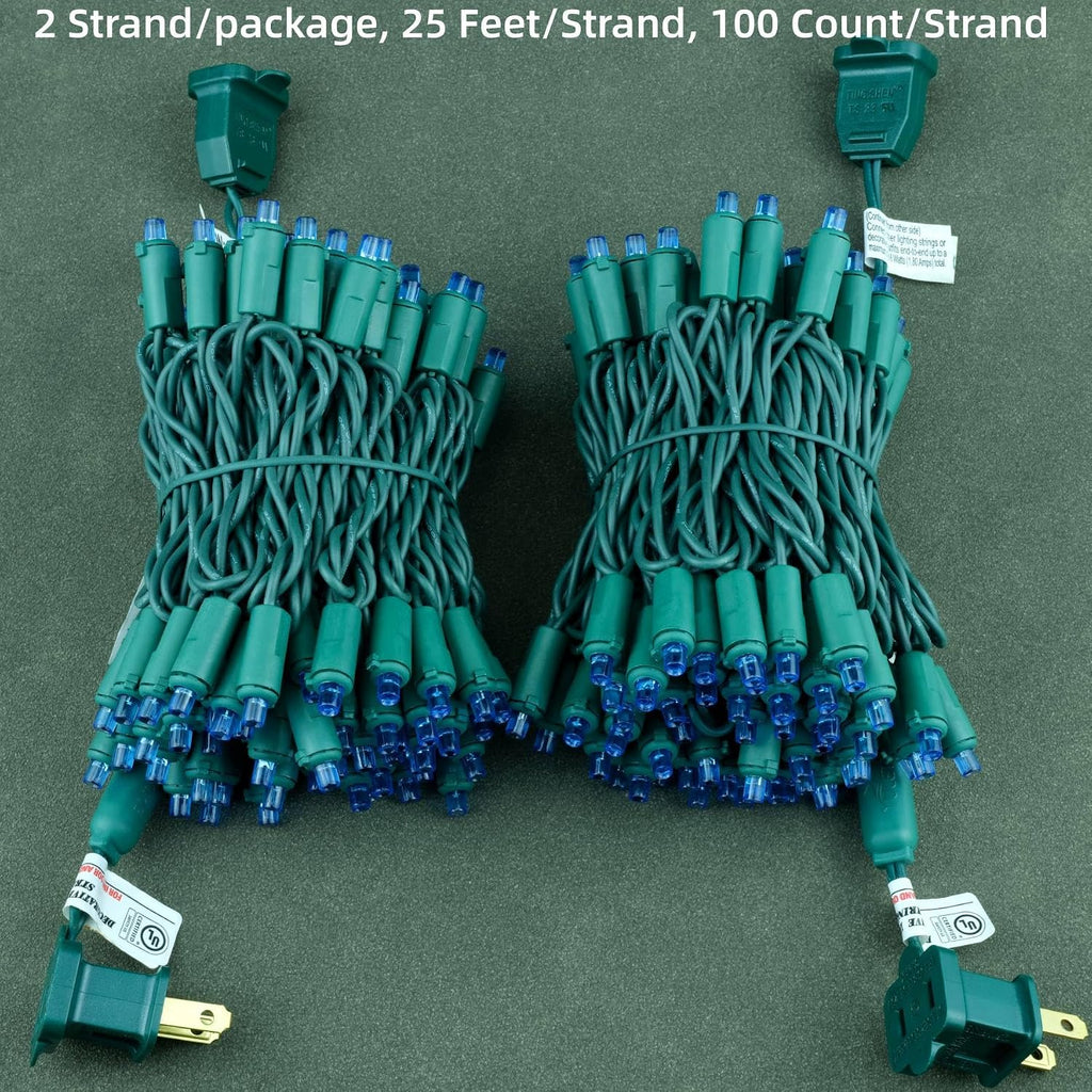 YULETIME 200 Blue Christmas String Lights, 2-Set 25 ft 100 Wide Angle LED