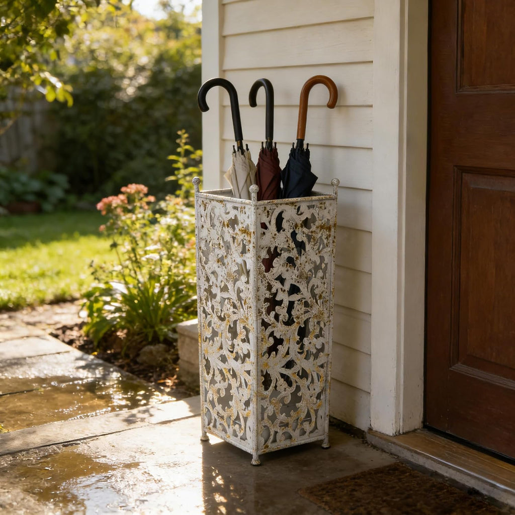 Vintage White Metal Umbrella Holder with Ornate Cutout Pattern Antique Decorative Umbrella Stand with Detachable Drip Tray for Entryway Storage Umbrellas Canes & Walking Sticks (White)