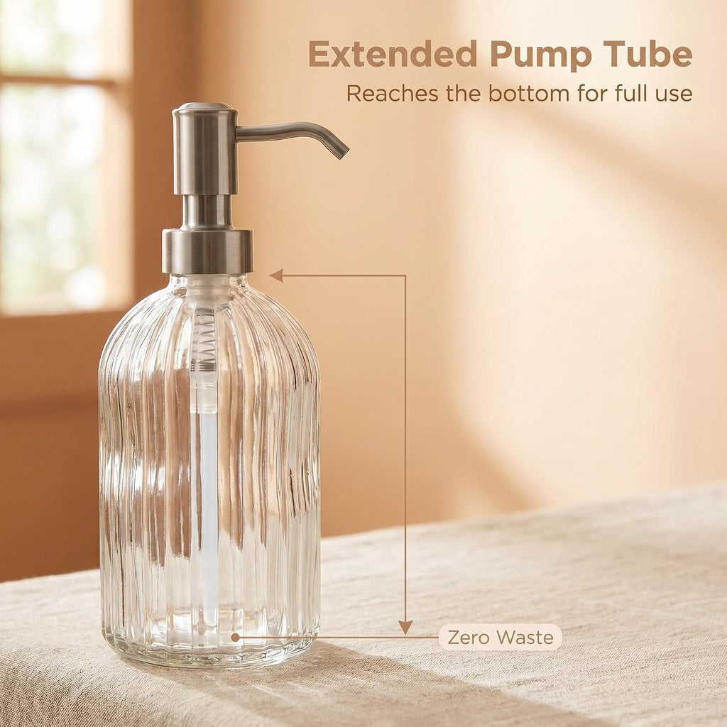 16 OZ Stripe Design Soap Dispense with 304 Rust Proof Stainless Steel Pump Glass Soap Dispenser Kitchen Soap Dispenser Bathroom