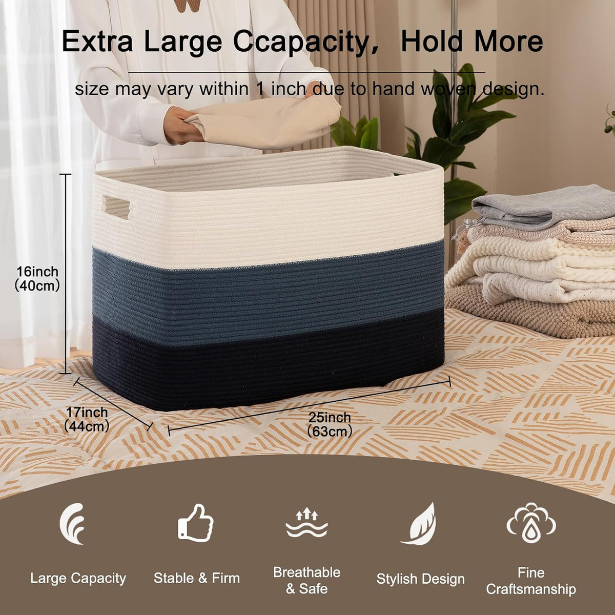 OIAHOMY 118L Extra Large Blanket Basket Cotton Rope Storage Basket Blue