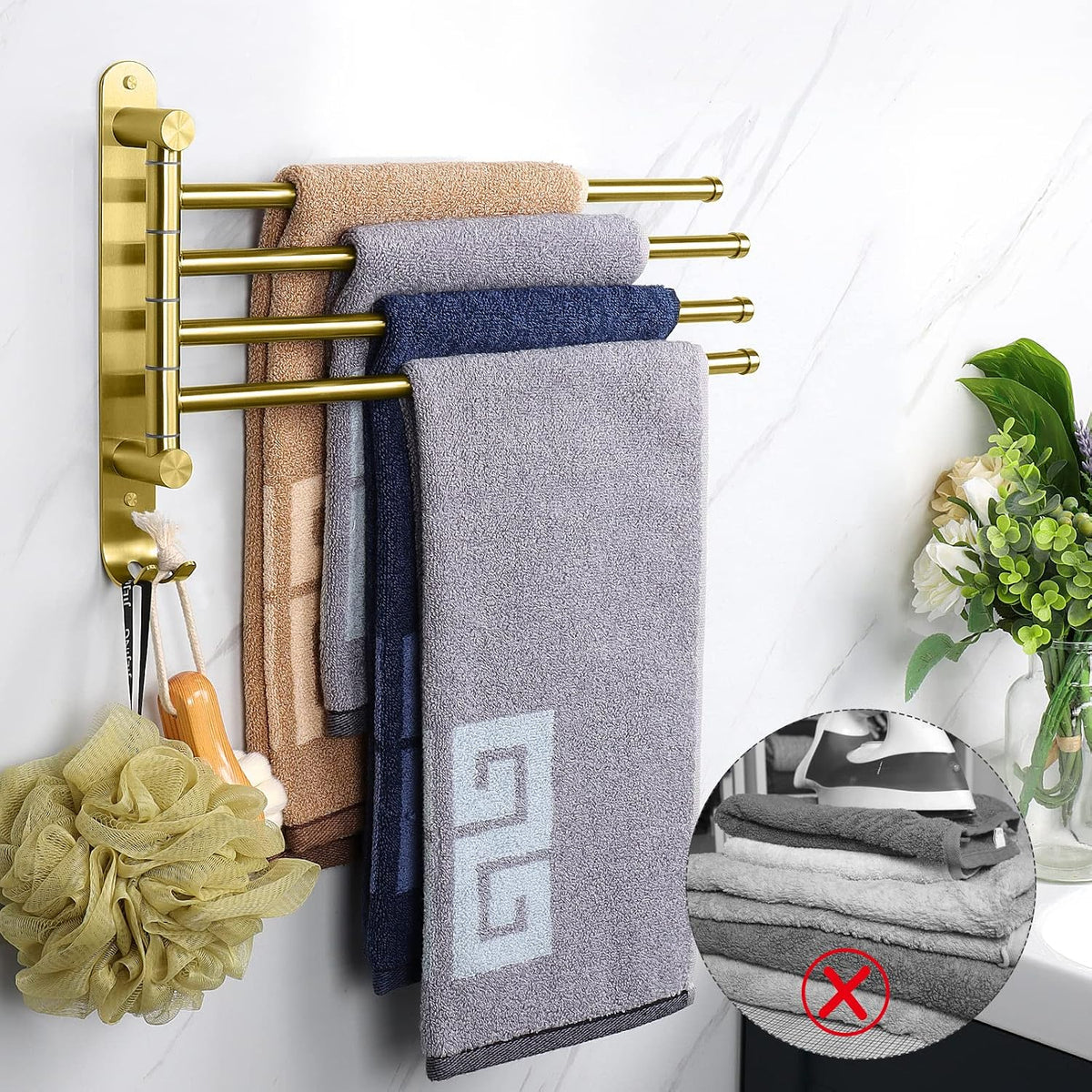 NearMoon Swivel Towel Rack, 13.8" Thicken 304 Stainless Steel 4-Arm Towel Bar, Space Saving Wall Mounted Towel Holder with Hook, Rustproof Swing Out Towel Hanger for Bathroom, Kitchen (Brushed Gold)