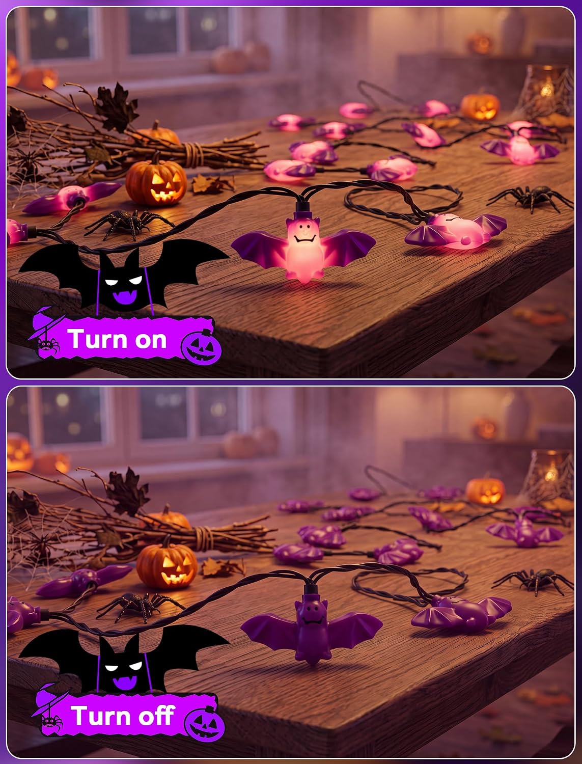 8.5FT Halloween Bat String Lights, Plug in 10 LED Purple Bat Decor Lights