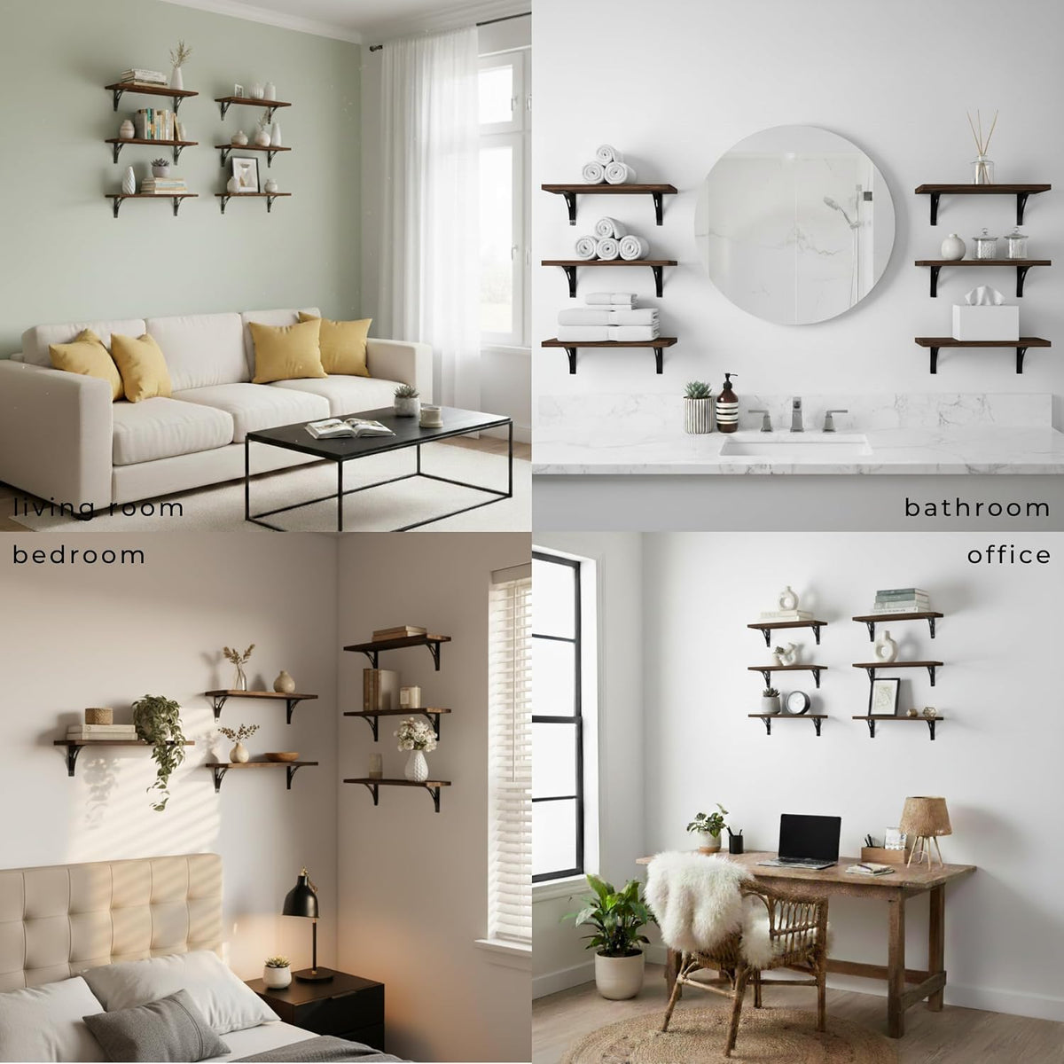 Willowy Reinforced Steel Bracket Rustic Brown Shelf - Easy to Install, Template and Video Included - Rustic Shelves for Wall, Bathroom Storage Shelves