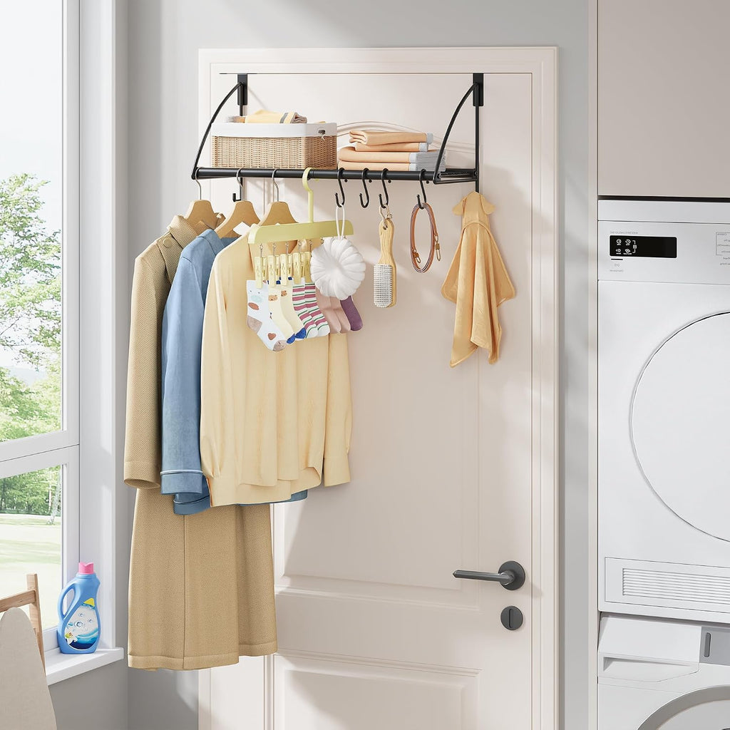 Tajsoon 24.2" Over the Door Hooks with Storage Rack, Over Door Hanger Black