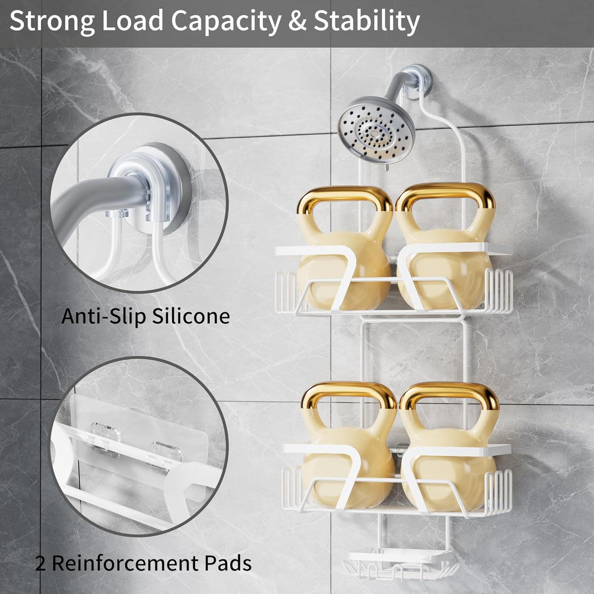 DAOYA White Shower Organizer Hanging - 2 Over The Shower Head Caddies + Soap Dish, Stainless Steel Rust-Free Bath Organizer