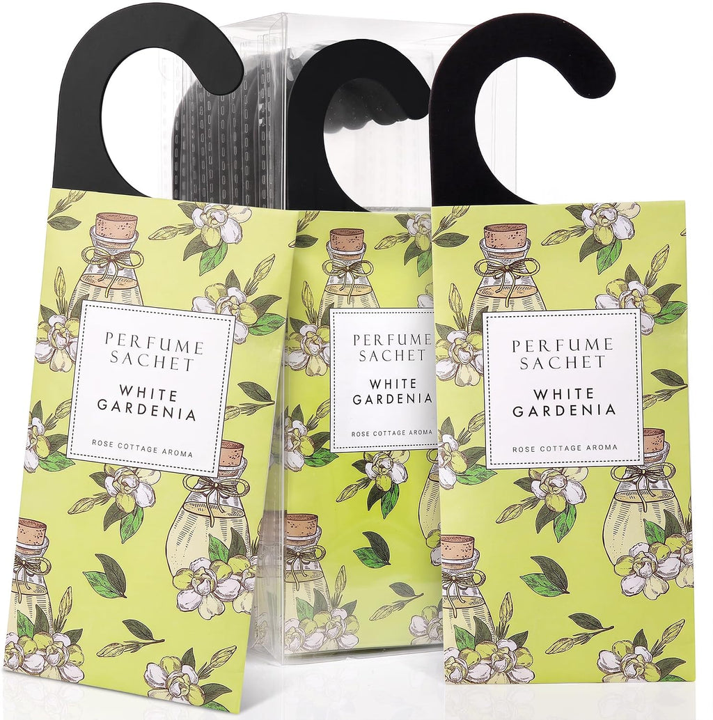 Large 12 Packs White Gardenia Hanging Scented Sachets Long-Lasting Closet Deodorizer Air Freshener Fabric Refresher Odor Eliminator for Drawer Home Fragrance Gift Set