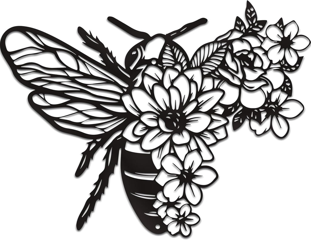 Rajukit Modern Bohemian Bee Flower Metal Wall Art Black