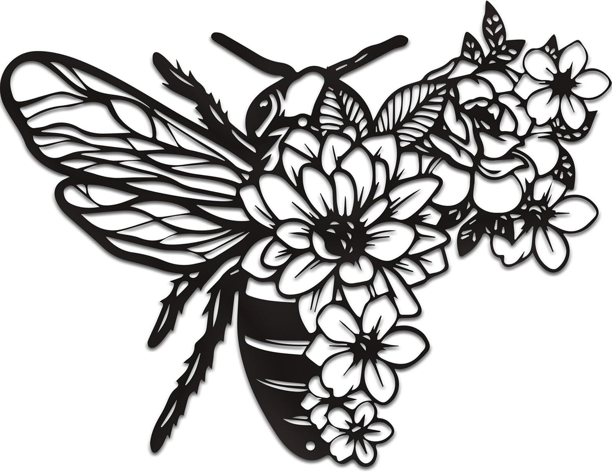 Rajukit Modern Bohemian Bee Flower Metal Wall Art Black
