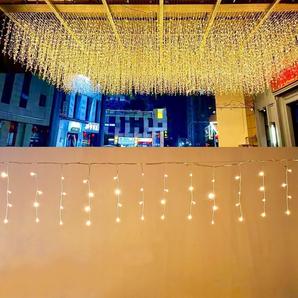 LED Ceiling Icicle Lights, 16.4FT 112 LEDs 8 Modes Twinkle Christmas Hanging Fairy String Horizontal Curtain Lights for Parties Mall Patio Yard Indoor Outdoor Decoration Warm White, 5M04