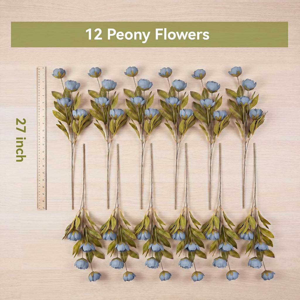 Pinkpum 12 Pcs Faux Silk Peony Artificial Flowers for Vase Decor Blue