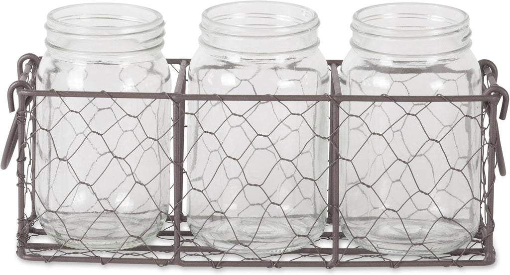 DII Farmhouse Utensil Caddy with 3 Glass Jars, Rustic Bronze Chicken Wire