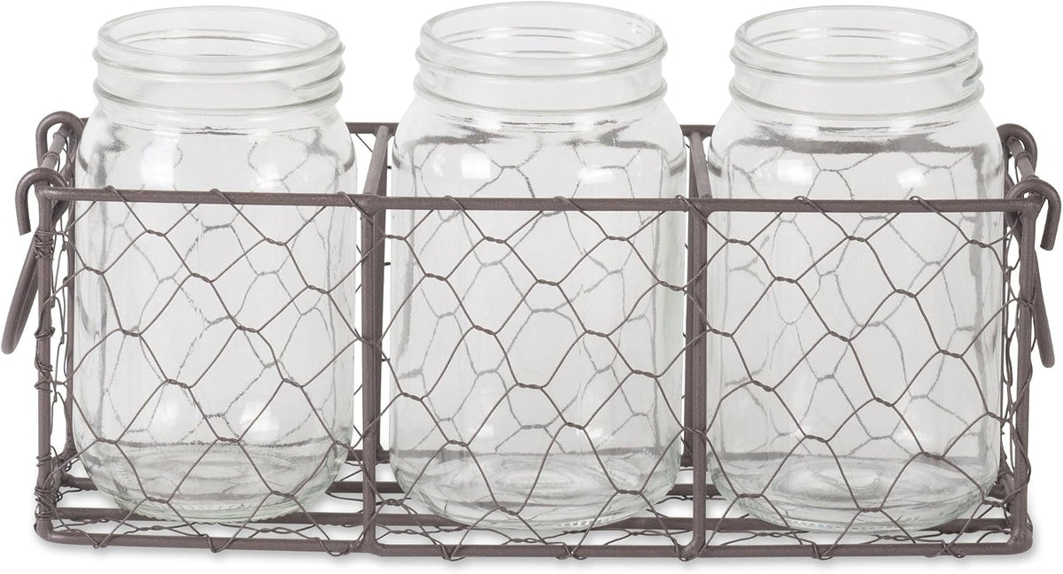 DII Farmhouse Utensil Caddy with 3 Glass Jars, Rustic Bronze Chicken Wire