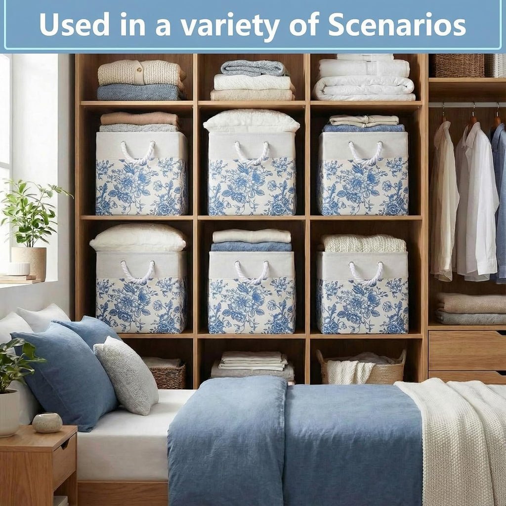 Blue Floral Cube Storage Bin Set of 6 Cube Storage Basket, 11.22 Inch