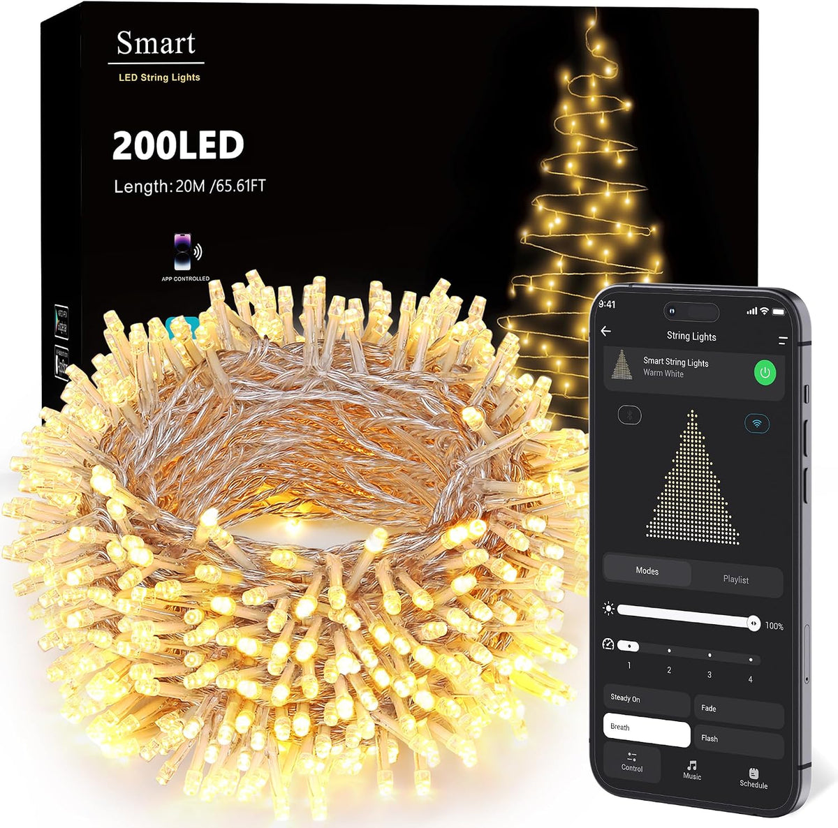 BrizLabs Smart Christmas Lights, 66 ft 200 LED Mini Warm White Light String