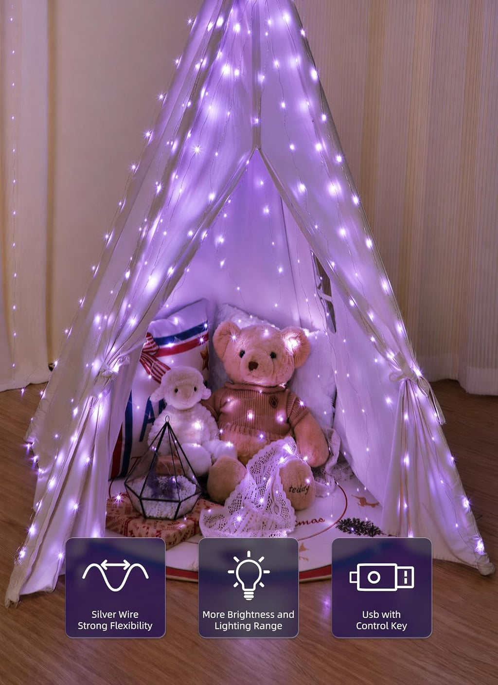 Brightown 300 LED Purple Fairy Lights, 9.8ft x 9.8ft Halloween String Light