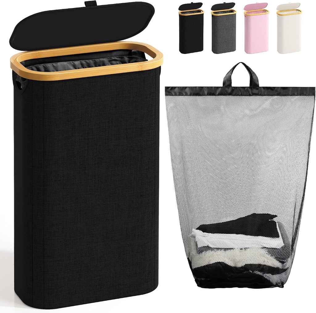 Bathola Slim Laundry Hamper with Lid, 75L Small Laundry Basket, Black