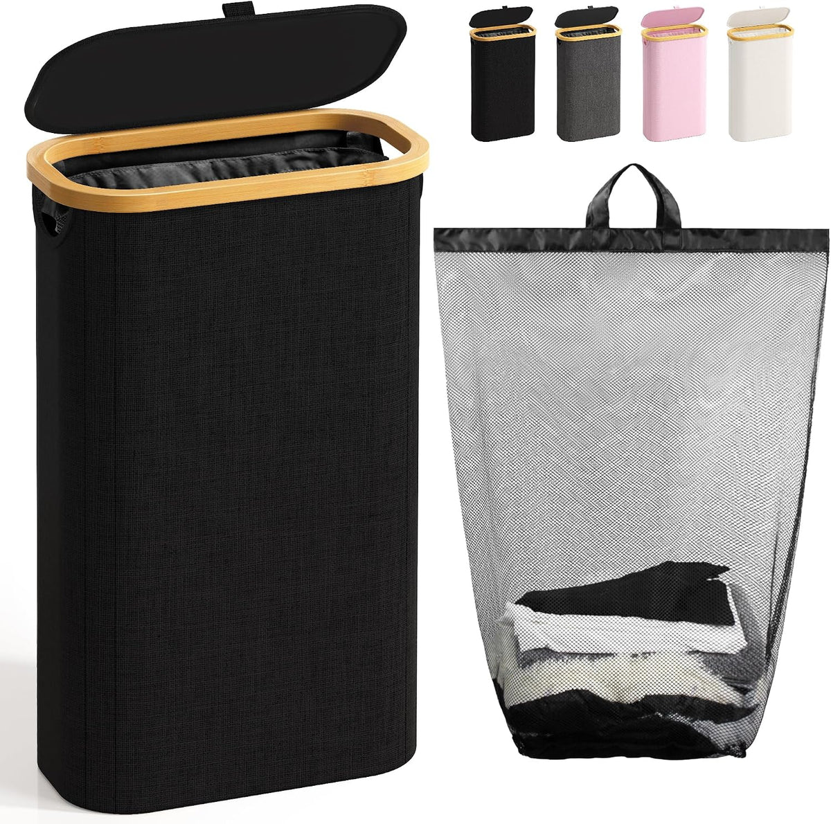 Bathola Slim Laundry Hamper with Lid, 75L Small Laundry Basket, Black