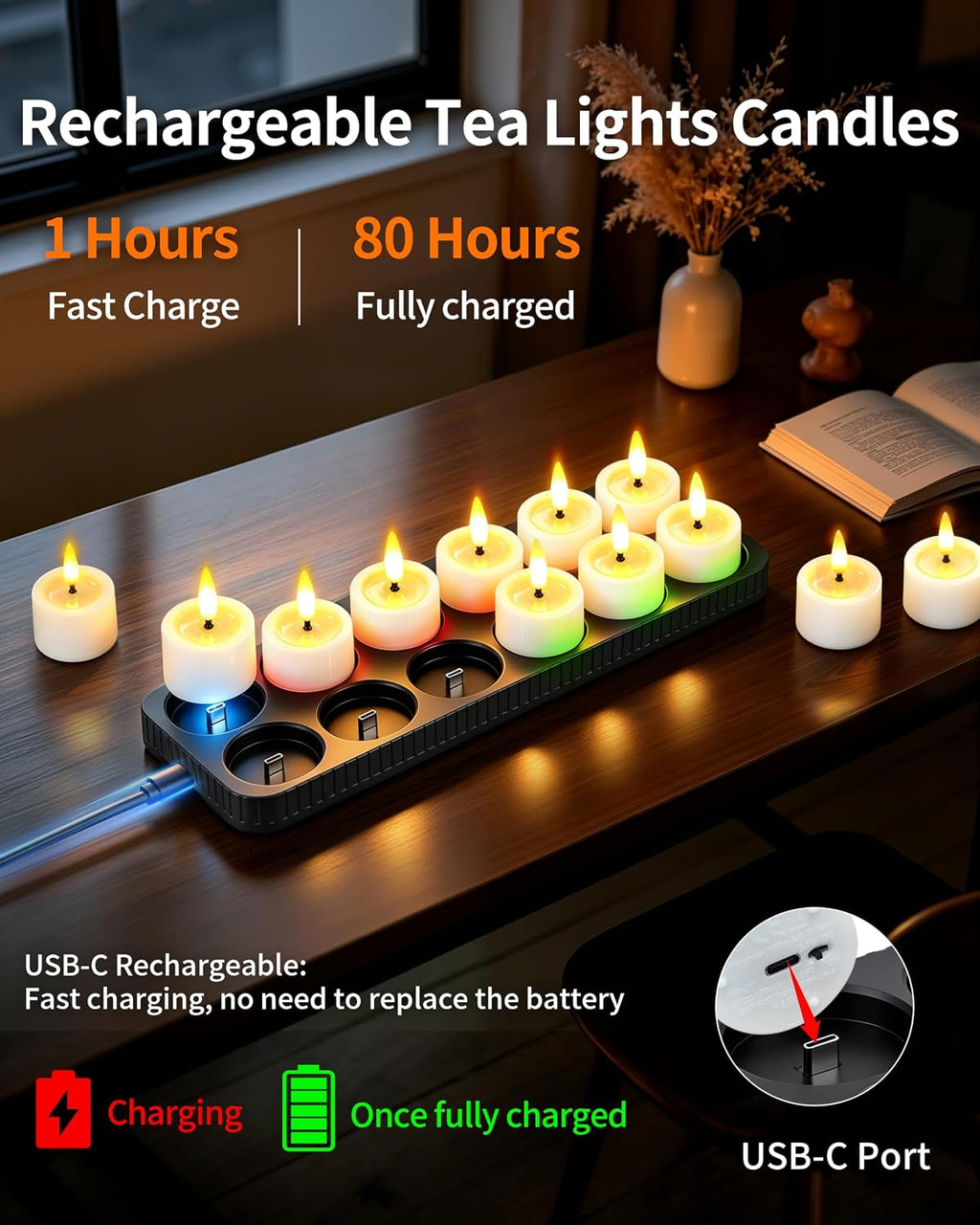 12 Pack Rechargeable Tea Lights Candles with Charging Base & Remote Timer