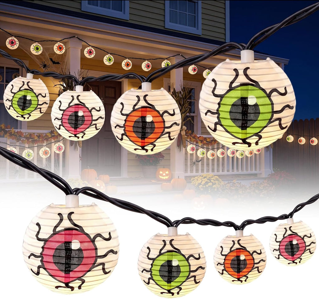 Halloween Lantern String Lights, 8.5Ft LED White Eye Lantern String Lights Plug in, 10 Halloween Lanterns String Light Connectable Indoor/Outdoor Decoration