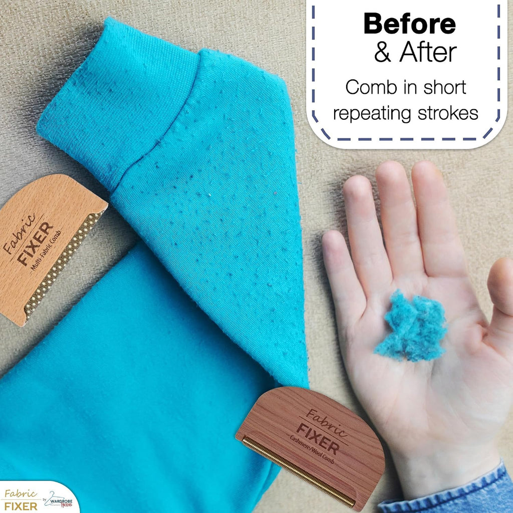 Cashmere Pill Remover Comb & Multi Fabric Shaver Depilling Sweater Fuzz Comb Set (Cedar & Beech Wood) Wool Pilling Remover for Delicate Clothing Fabrics, Furniture, Pillows, Sheets by Fabric Fixer
