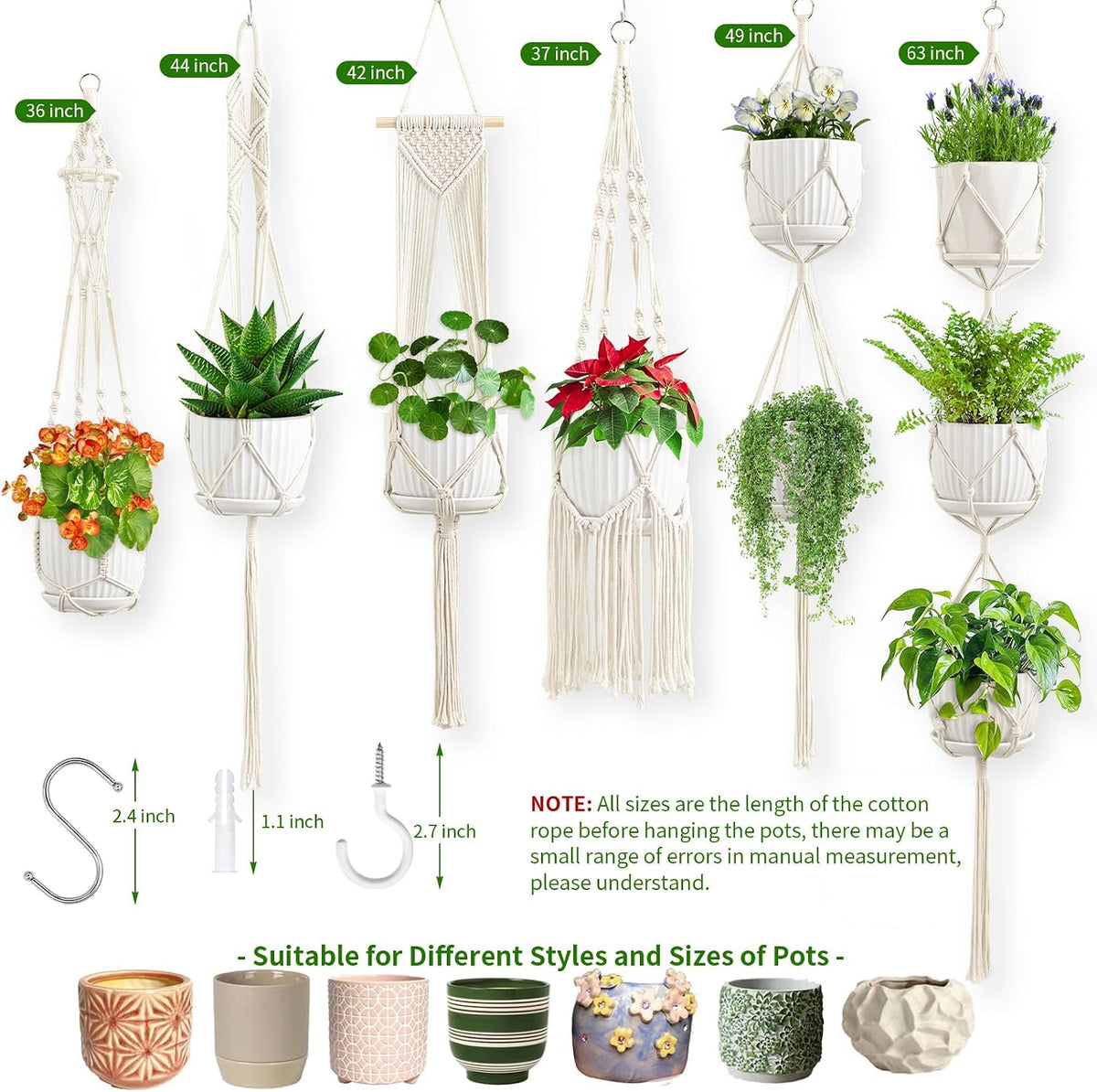 Macrame Plant Hangers, 6Pack Hanging Plant Holders Indoor, Ivory