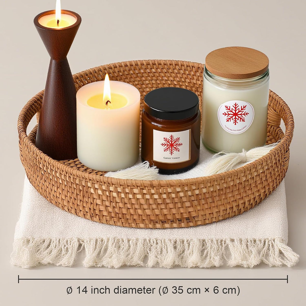 Round Rattan Serving Tray, Natural Wicker Decorative Tray for Serving, Fruit/Bread Serving Basket, Round Woven Tray with Handles.(Large:13.8inch)
