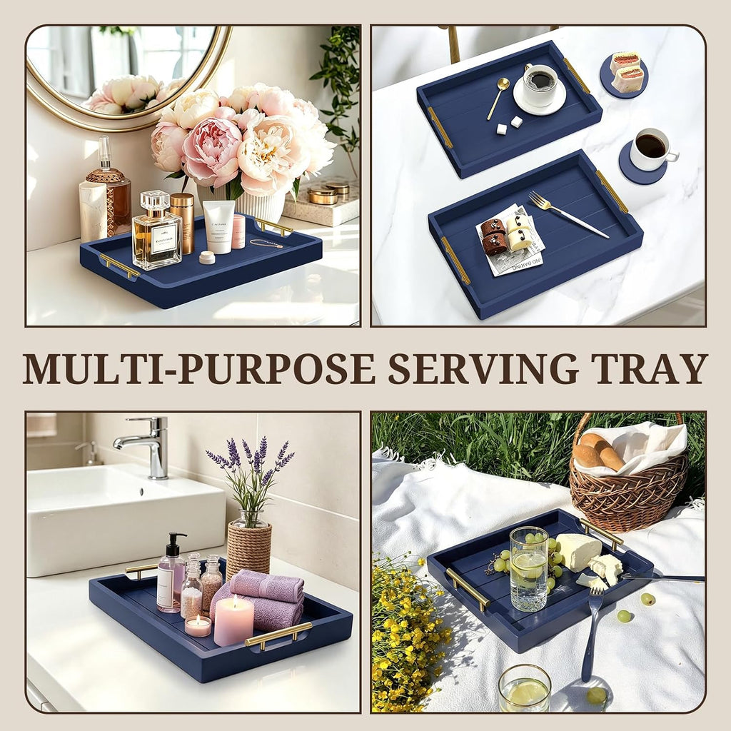 SXNOWS Set of 2 Wood Serving Trays with Gold and Silver Handles