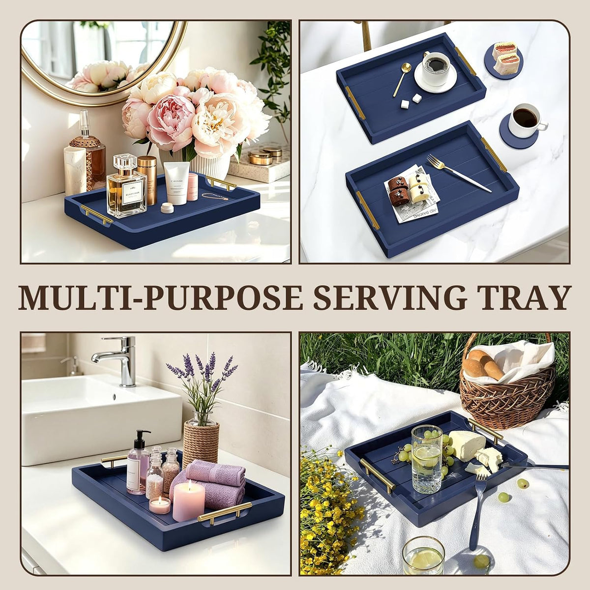 SXNOWS Set of 2 Wood Serving Trays with Gold and Silver Handles