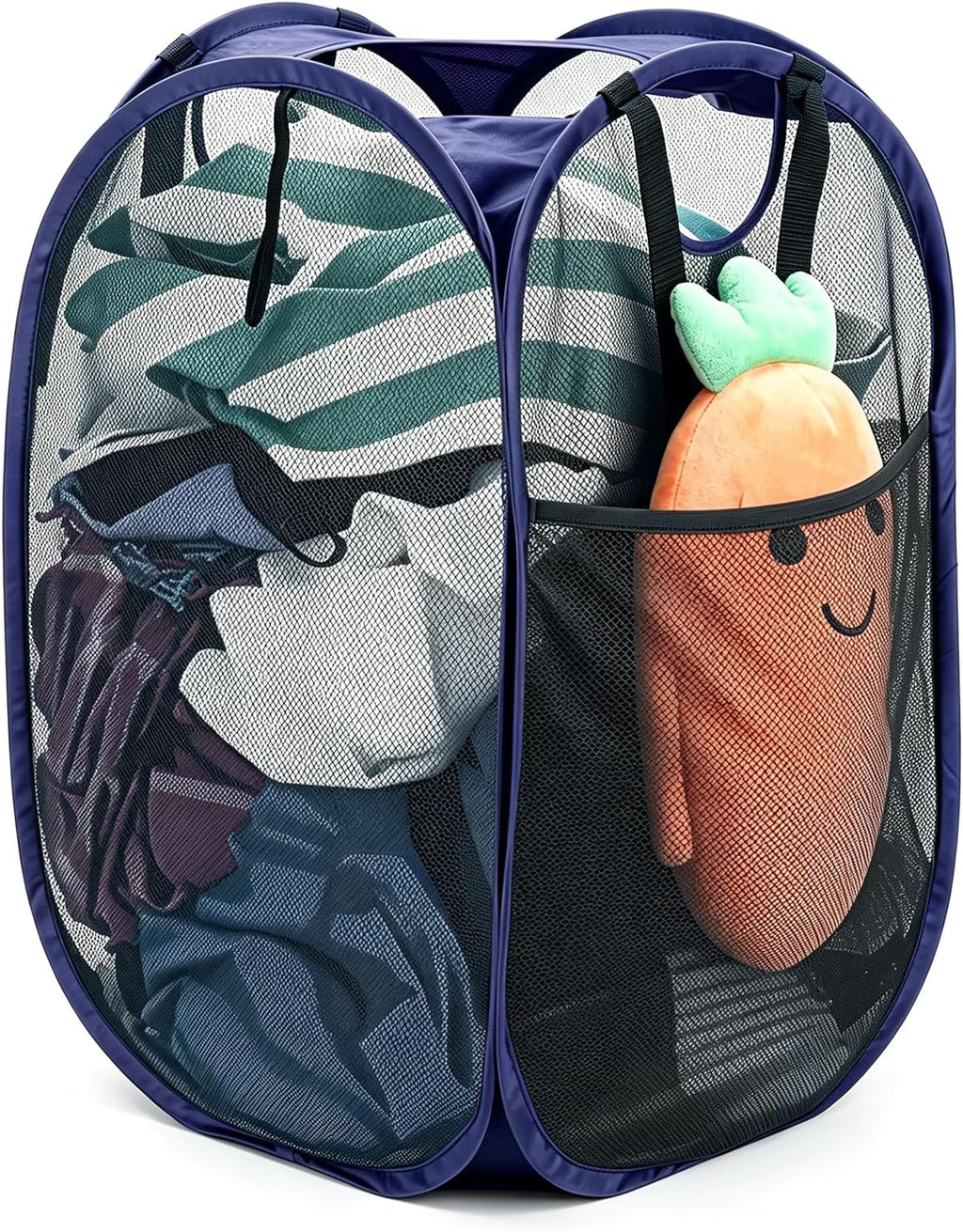 HOUSE AGAIN Strong Mesh Pop Up Laundry Hamper, 70L Collapsible Laundry Basket with Steel Frame, Double‑Stitched Handles & Side Pocket, Foldable Dirty Clothes Hamper for Dorm, Bedroom, Blue