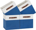 Temary 11 Storage Cube Bins for Shelves, Closet - 4 Pack Fabric Baskets With Leather Handles (White & Blue)