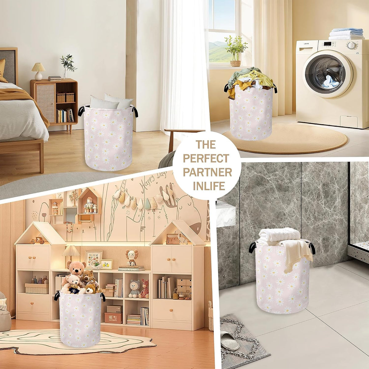 Pink Daisy Flower Laundry Hamper,Spring Floral Clothes Hamper for Laundry,Waterproof Oxford Toy Storage Collapsible Hampers for Bedroom, Dorm Room,Bathroom,16x20 Inch