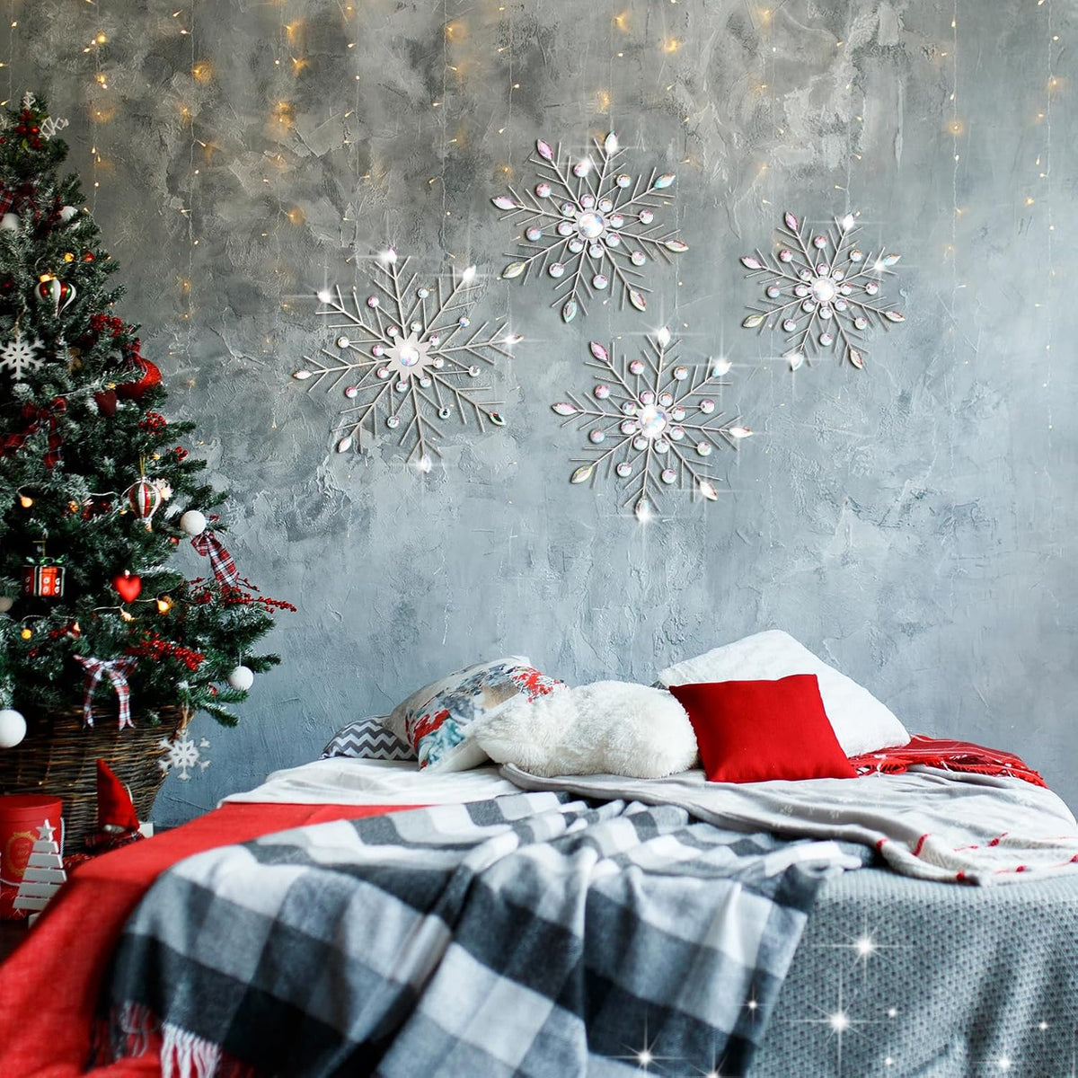 Hicarer 4 Pcs 12" 10" 8" Snowflake Metal Wall Art Rhinestones 3D Decor Christmas Silver Hanging Metal Artwork Wall Decor Glitter Crafts Snowflake Decorations for Home Living Room Office(Snowflake)