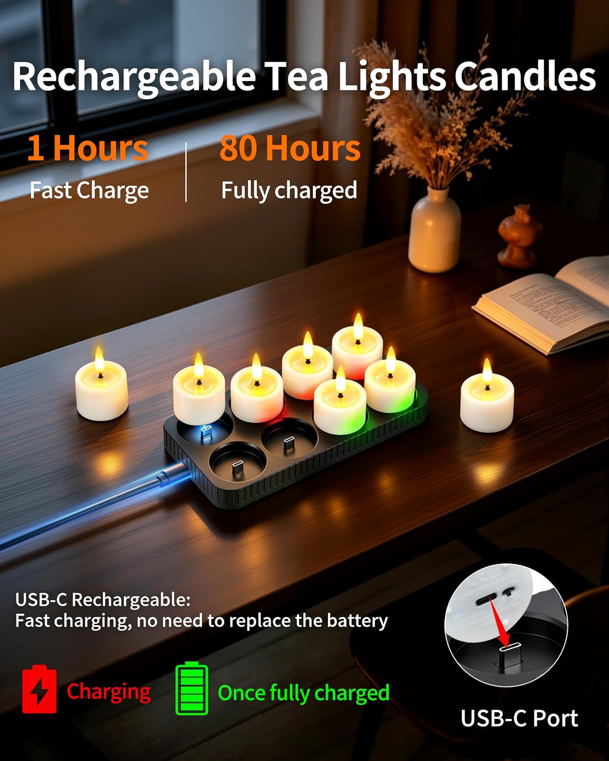 8 Pack Rechargeable Tea Lights Candles with Charging Base and Remote Timer