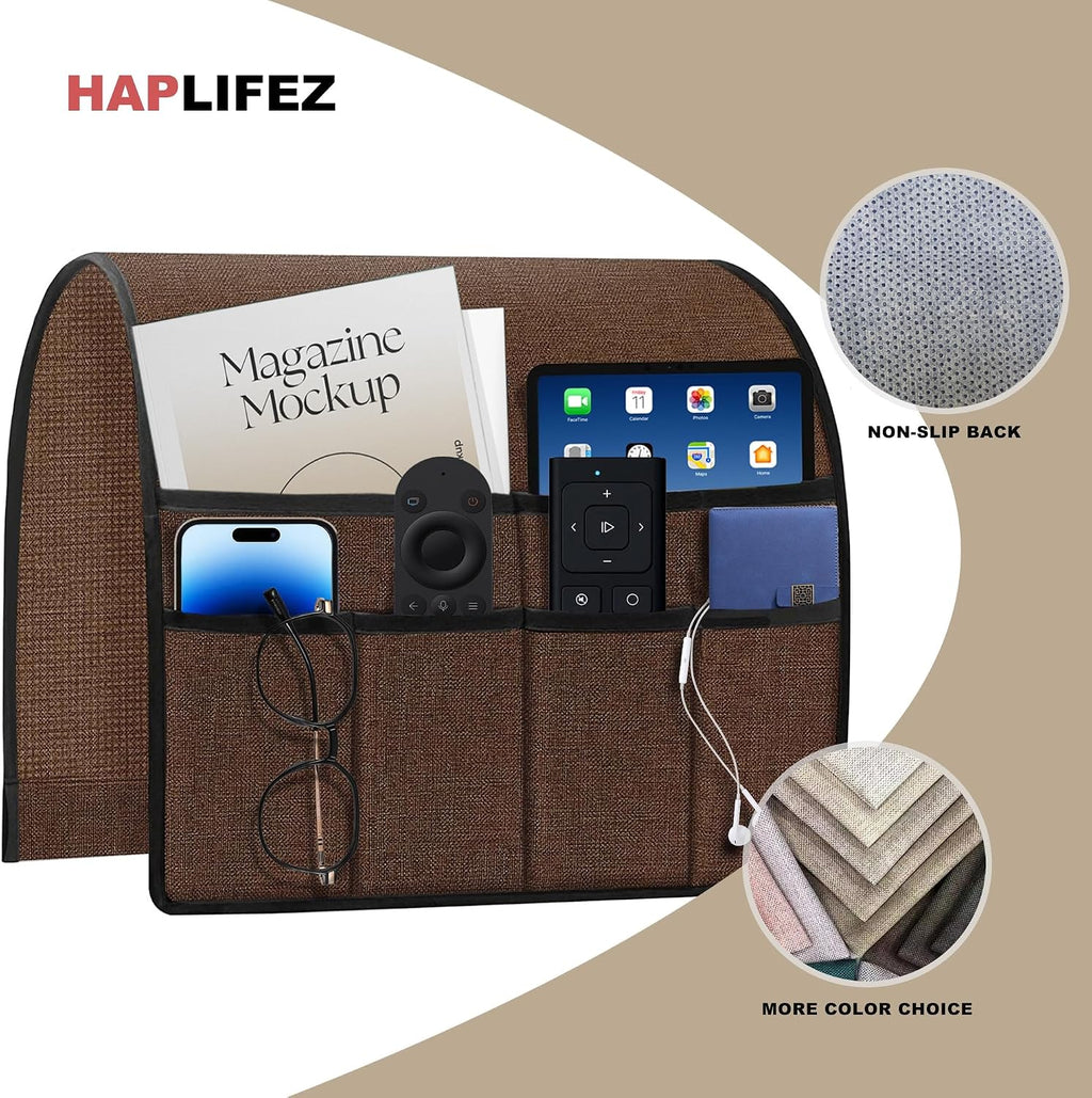 Remote Holder for Recliner Armchair & Couch, Non Slip Sofa Armrest Organizer Caddy with 6 Pockets Thick Linen Fabric Storage for Tablet, Phone, iPad, 19x35 Inches, Chocolate