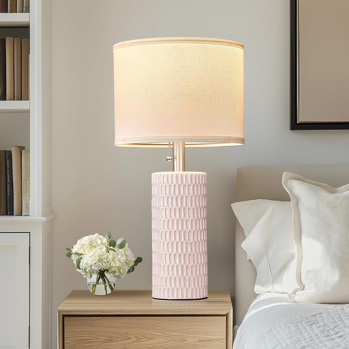 Reaketon Modern Ceramic Table Lamps Set of 2, Lamps for Nightstands, Pink
