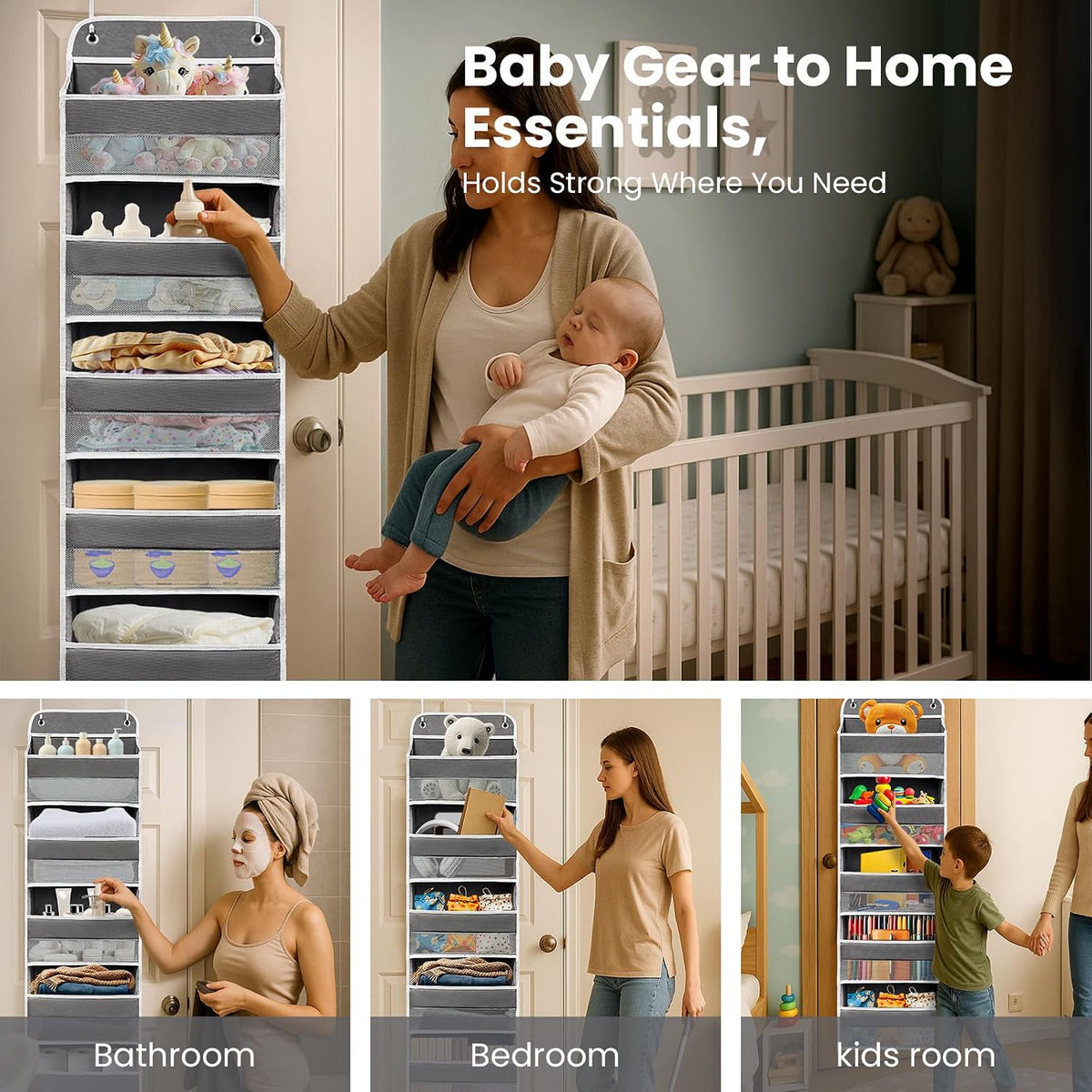 Over the Door Organizer for Bathroom, Bedroom, Pantry, 5 Shelves Dark Grey