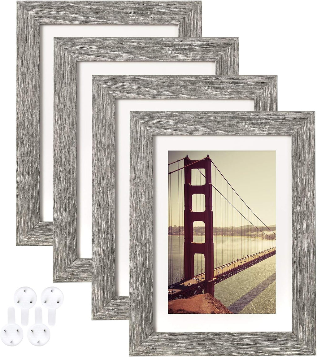 BAIJIALI 5x7 Picture Frame Rustic Grey Wood Pattern Set of 4,Display Photos 4x6 with Mat or 5x7 Without Mat, Horizontal and Vertical Formats for Wall and Table Mounting