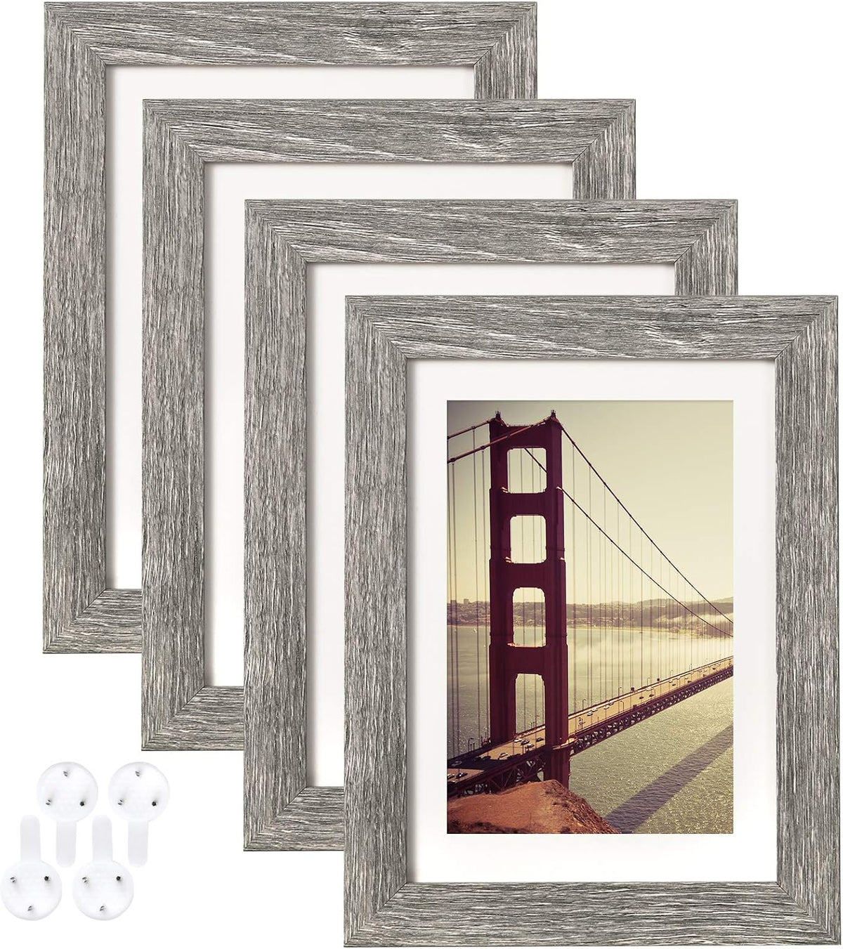 BAIJIALI 5x7 Picture Frame Rustic Grey Wood Pattern Set of 4,Display Photos 4x6 with Mat or 5x7 Without Mat, Horizontal and Vertical Formats for Wall and Table Mounting