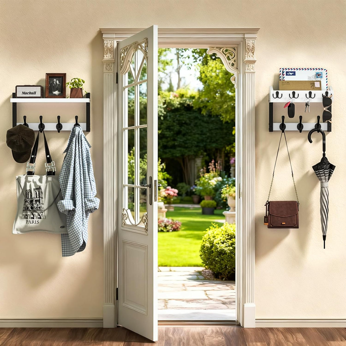 29'' White Coat Rack Wall Mount with Shelf, Solid Wood Coat and Key Hanger with 11 Metal Hooks, Farmhouse Wall Organizer for Mail, Entryway Wall Hangers for Hats, Clothes, Backpacks, Mudroom